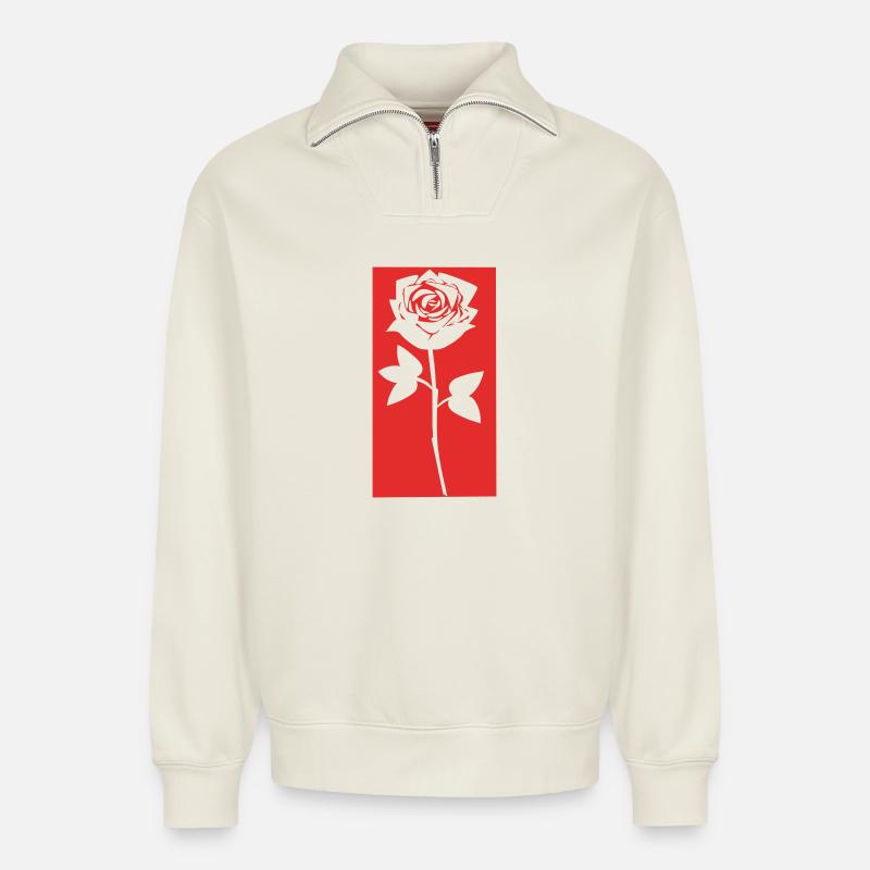 Rote Rose - Relaxed Unisex Organic Half Zip Sweatshirt – von SPREAD - Naturweiß