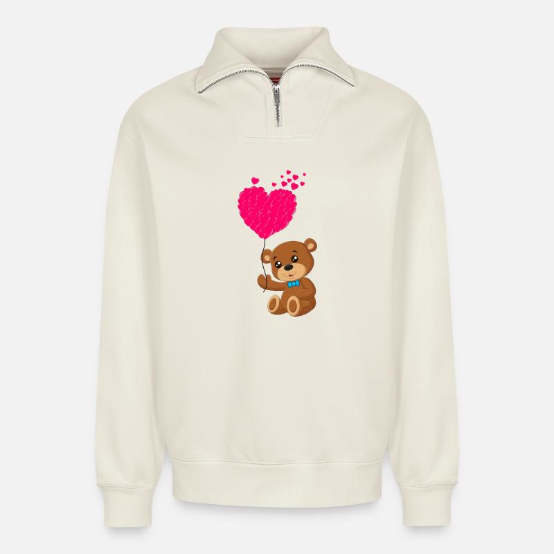 Teddybär mit Herz - Relaxed Unisex Organic Half Zip Sweatshirt – von SPREAD - Naturweiß