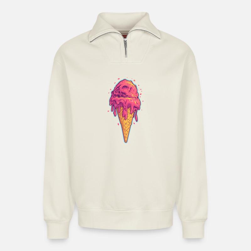 Crème glacée Crème glacée - Sweat unisexe décontracté en coton biologique à demi-zip – de SPREAD - blanc cassé