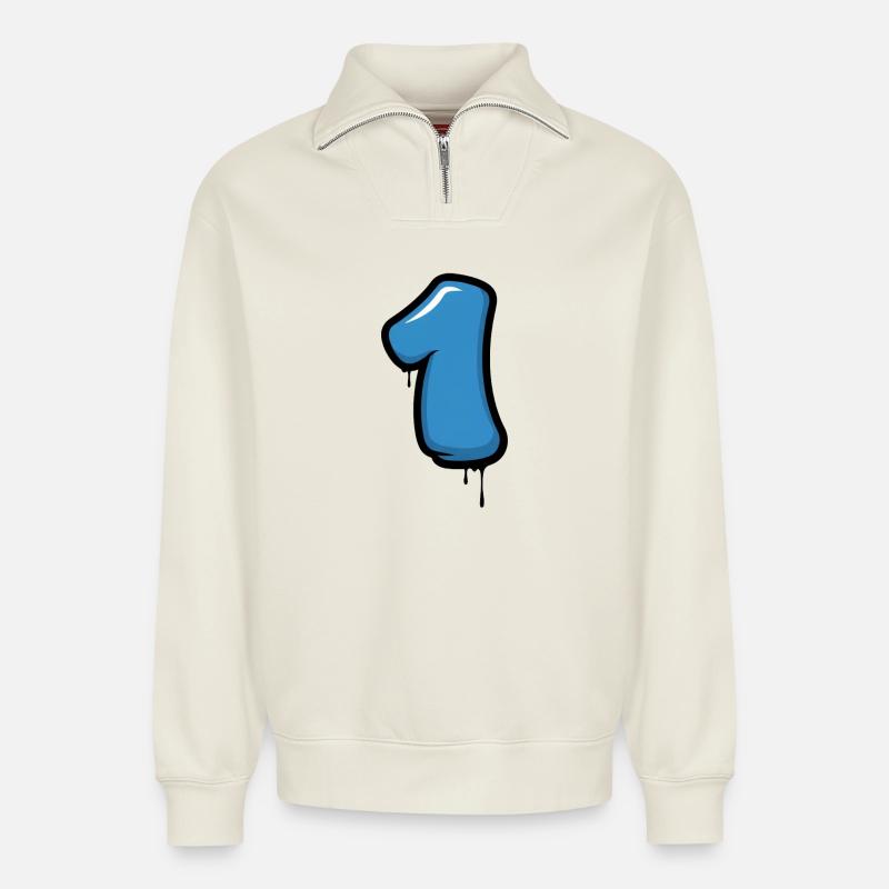Blaues Nummer Eins Design - Relaxed Unisex Organic Half Zip Sweatshirt – von SPREAD - Naturweiß