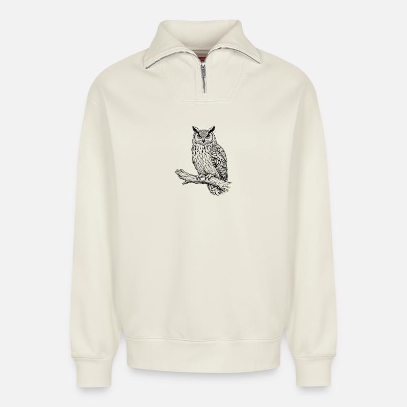 Eule auf Ast - Relaxed Unisex Organic Half Zip Sweatshirt – von SPREAD - Naturweiß