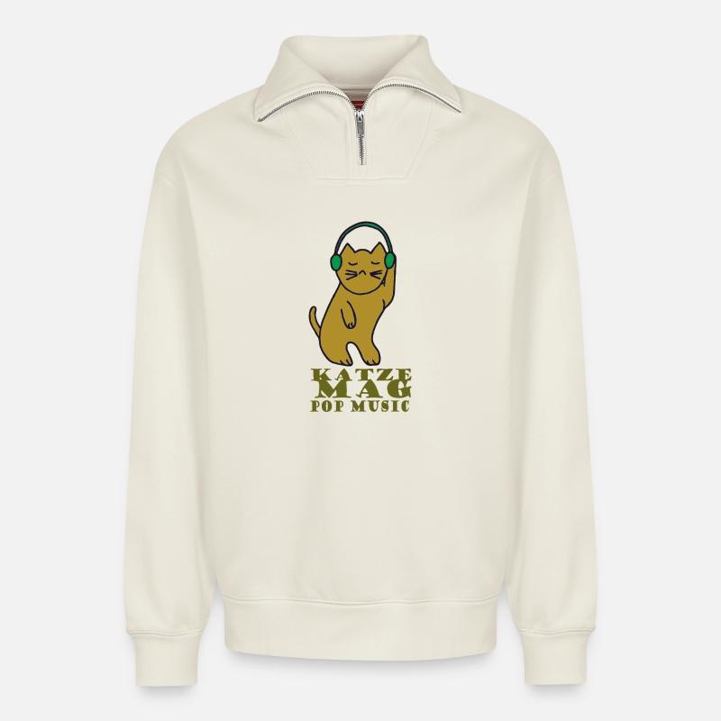Katze mag pop music - Relaxed Unisex Organic Half Zip Sweatshirt – von SPREAD - Naturweiß