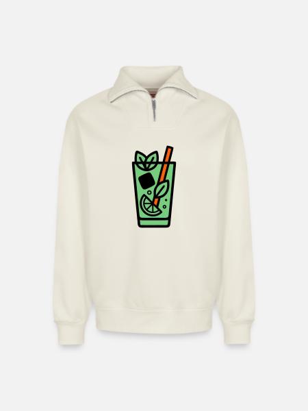 Icône du cocktail Mojito - Sweat unisexe décontracté en coton biologique à demi-zip – de SPREAD - blanc cassé