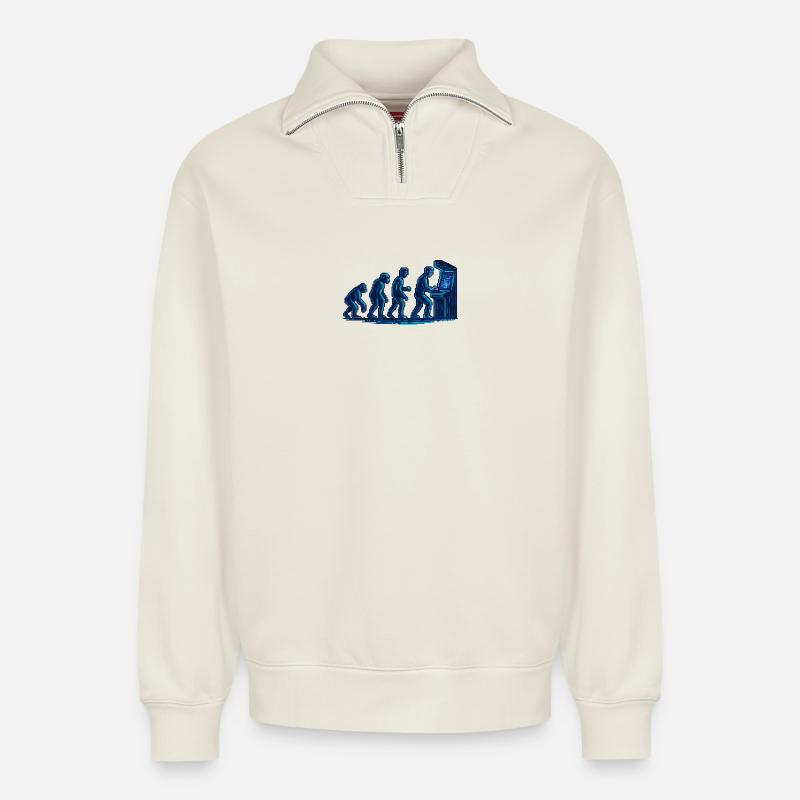Evolution towards retro arcade - Relaxed Unisex Organic Half Zip Sweatshirt – by SPREAD - off white