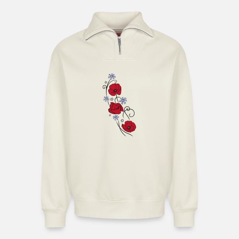 Coquelicots. Design d'été. - Sweat unisexe décontracté en coton biologique à demi-zip – de SPREAD - blanc cassé