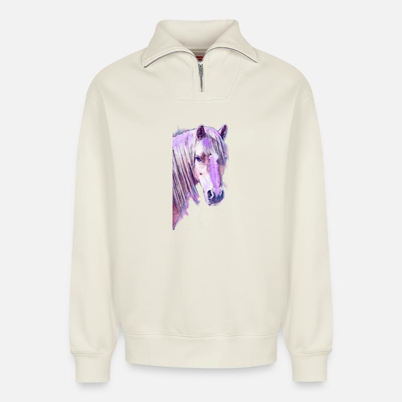 Welsh Pony - Relaxed Unisex Organic Half Zip Sweatshirt – von SPREAD - Naturweiß
