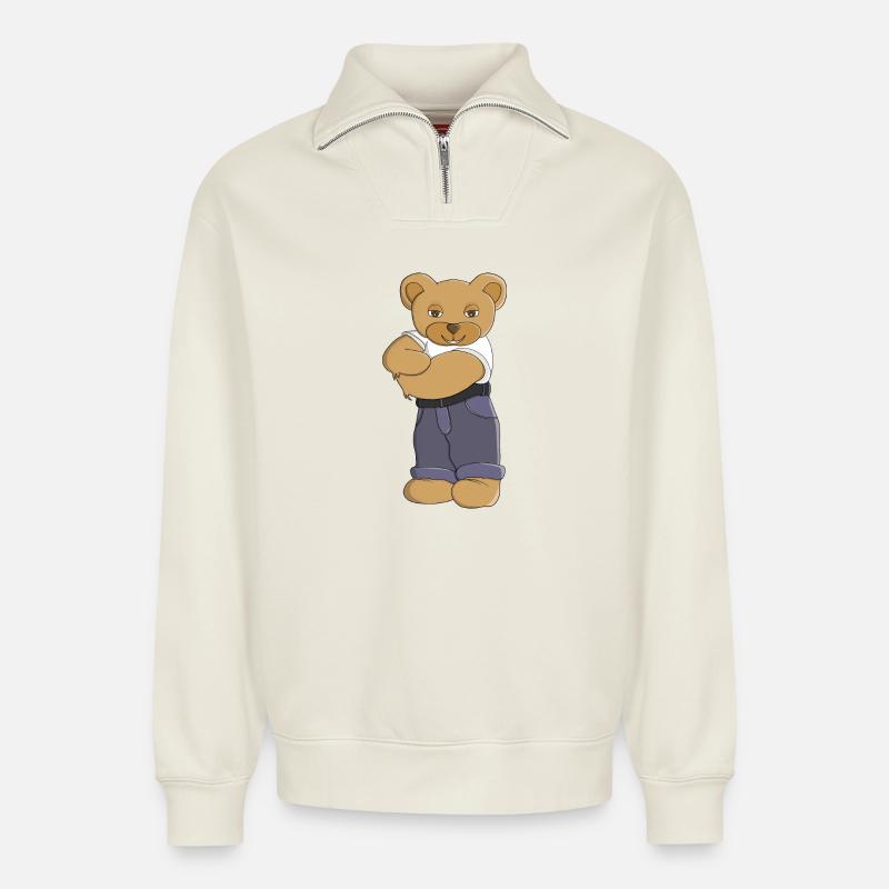 Teddybär mit verschränkten Armen - Relaxed Unisex Organic Half Zip Sweatshirt – von SPREAD - Naturweiß