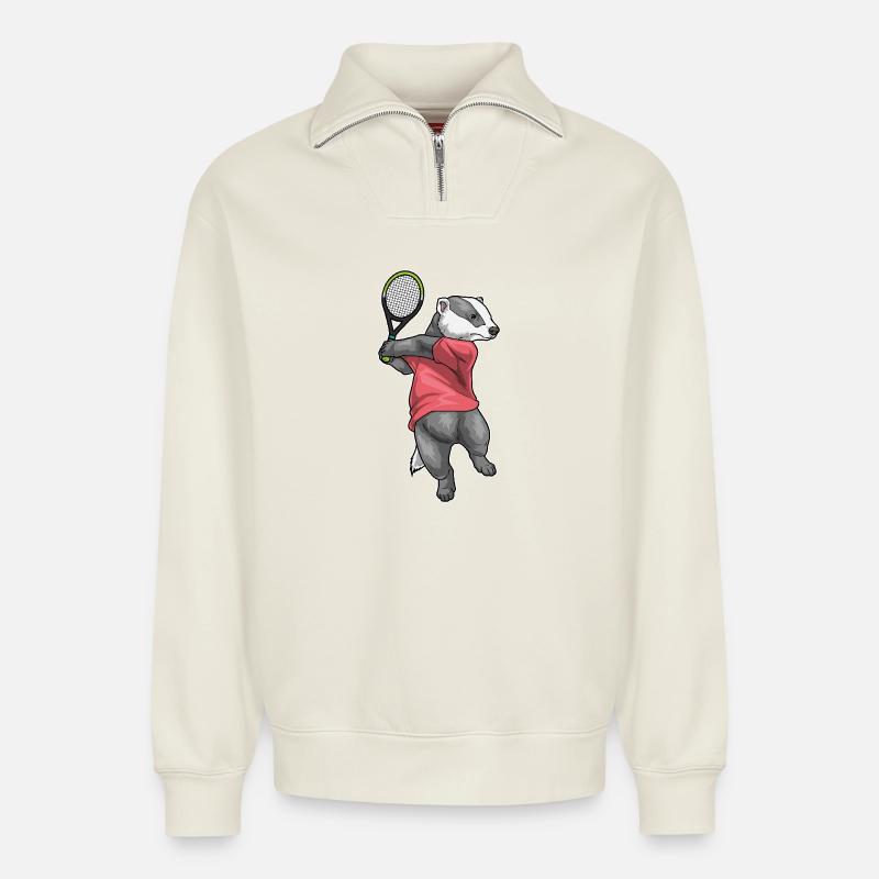 Badger Tennis Racket - Relaxed Unisex Organic Half Zip Sweatshirt – by SPREAD - off white