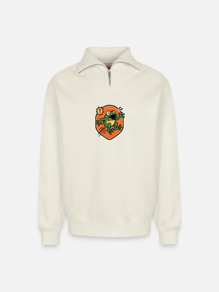 Panic Frog badge - Relaxed Unisex Organic Half Zip Sweatshirt – by SPREAD - off white