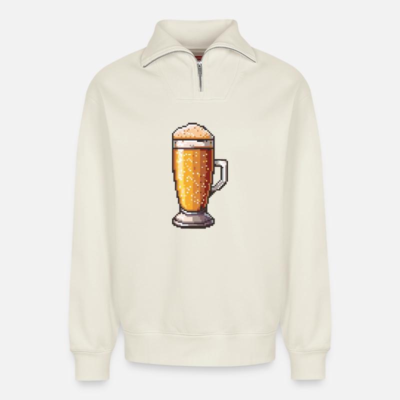 Pixelbier Krug Retro Glanz - Relaxed Unisex Organic Half Zip Sweatshirt – von SPREAD - Naturweiß