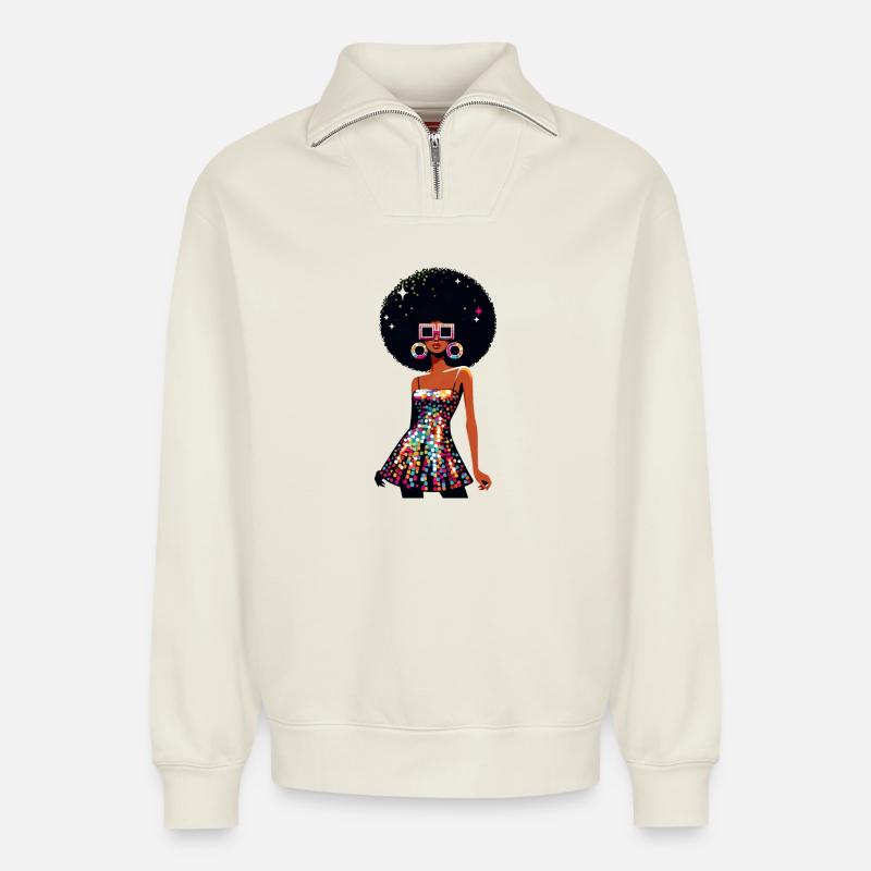 Disco Afro Glam Sequins Design - Sweat unisexe décontracté en coton biologique à demi-zip – de SPREAD - blanc cassé