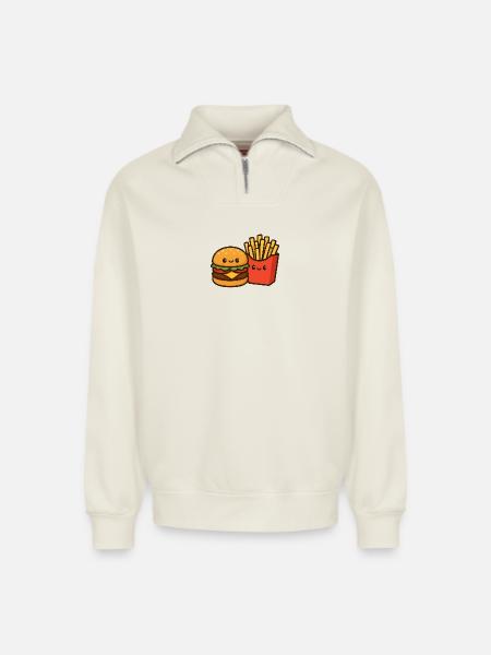Kawaii Burger & Fries Duo - Relaxed Unisex Organic Half Zip Sweatshirt – by SPREAD - off white