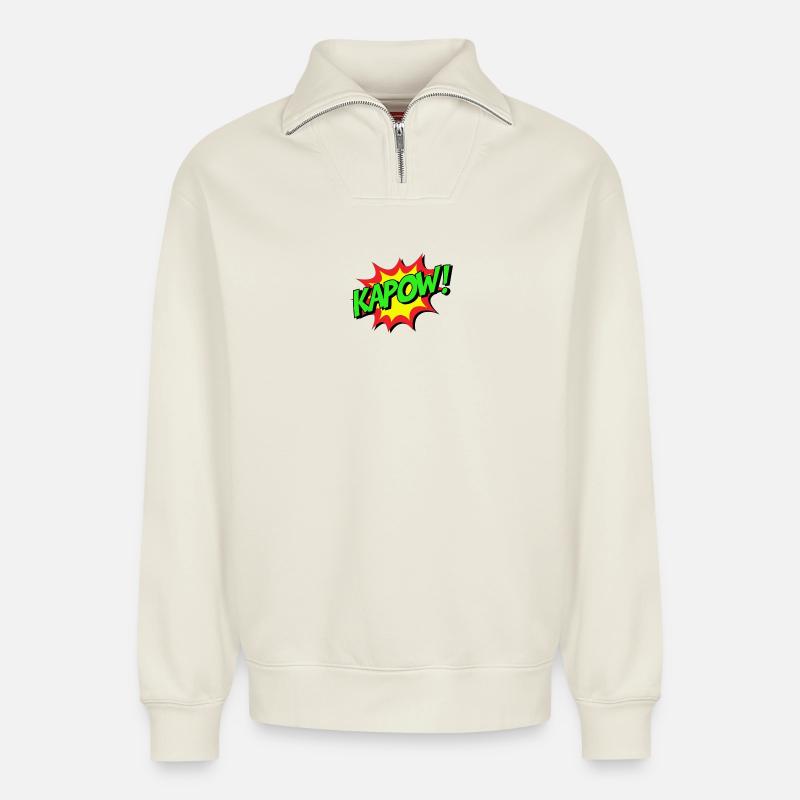 KAPOW Comic Explosion - Relaxed Unisex Organic Half Zip Sweatshirt – by SPREAD - off white