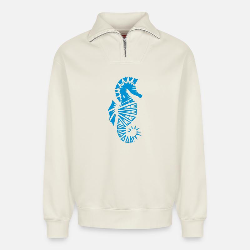 a stylized seahorse - Relaxed Unisex Organic Half Zip Sweatshirt – by SPREAD - off white