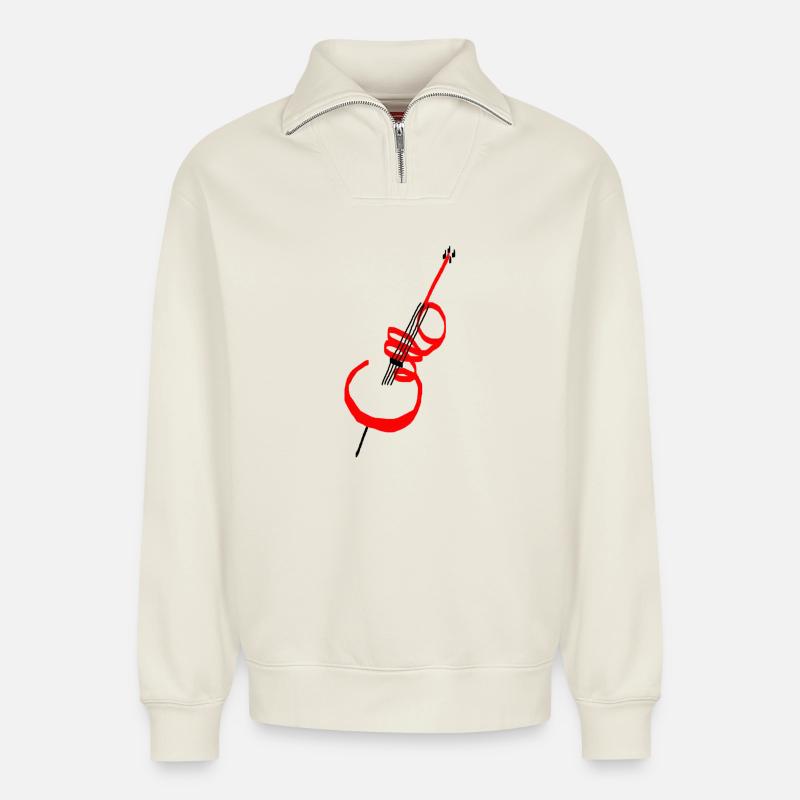 Lettrage violoncelle rouge - Sweat unisexe décontracté en coton biologique à demi-zip – de SPREAD - blanc cassé
