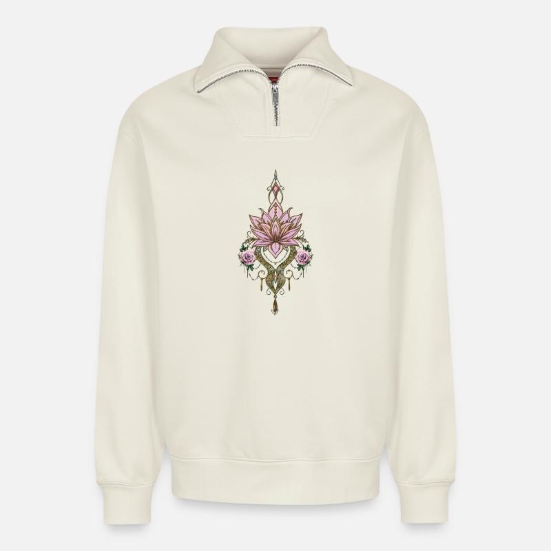 Schöne Lotusblume - Relaxed Unisex Organic Half Zip Sweatshirt – von SPREAD - Naturweiß