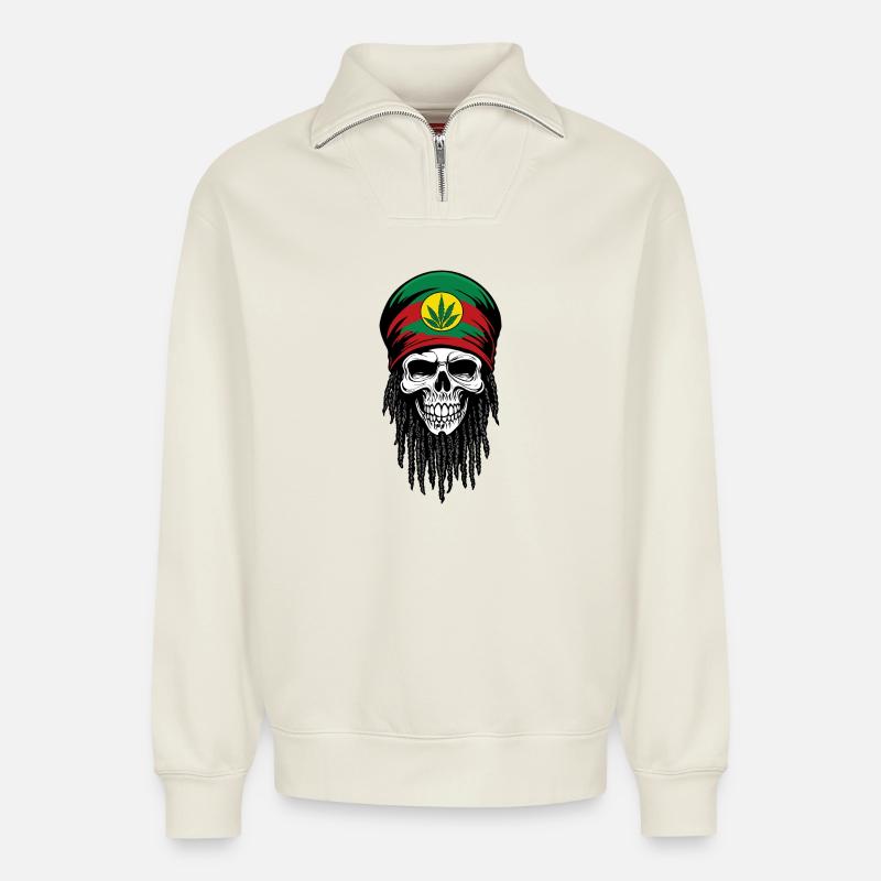 SKULL RASTA MÜTZE - Relaxed Unisex Organic Half Zip Sweatshirt – von SPREAD - Naturweiß