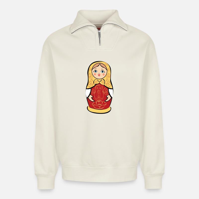 Matroschka mit Blumenmuster - Relaxed Unisex Organic Half Zip Sweatshirt – von SPREAD - Naturweiß