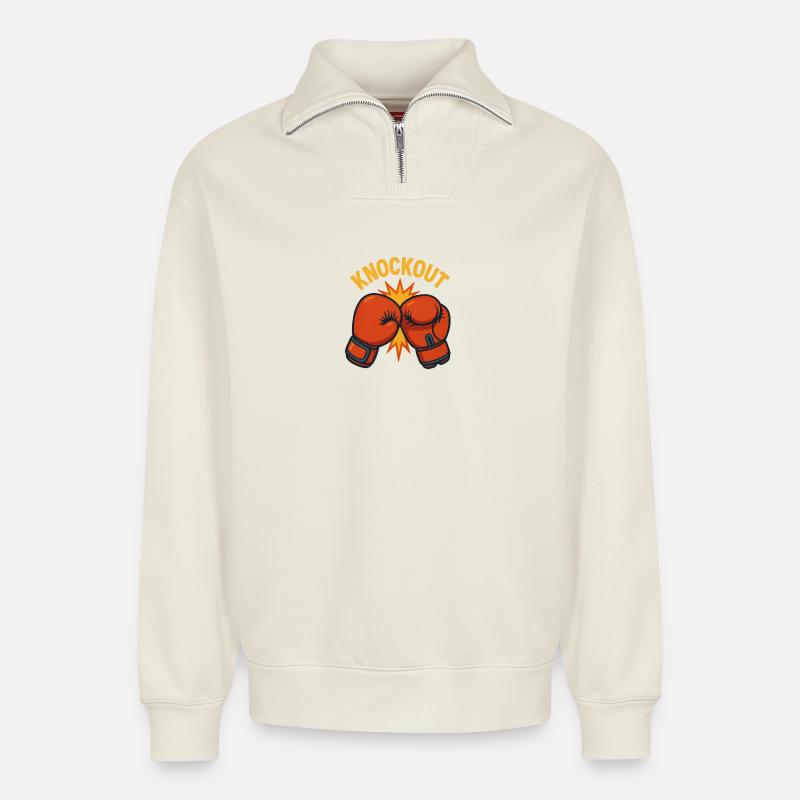 Knockout – Boxhandschuh Comic - Relaxed Unisex Organic Half Zip Sweatshirt – von SPREAD - Naturweiß
