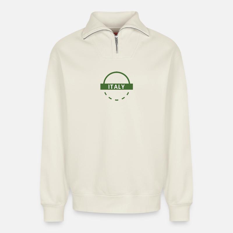 Italiengrünes Emblem - Relaxed Unisex Organic Half Zip Sweatshirt – von SPREAD - Naturweiß