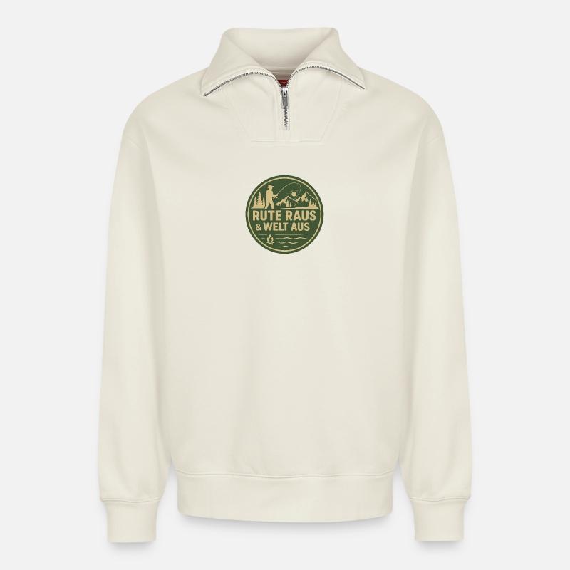 Rute Raus & Welt Aus Patch - Relaxed Unisex Organic Half Zip Sweatshirt – von SPREAD - Naturweiß