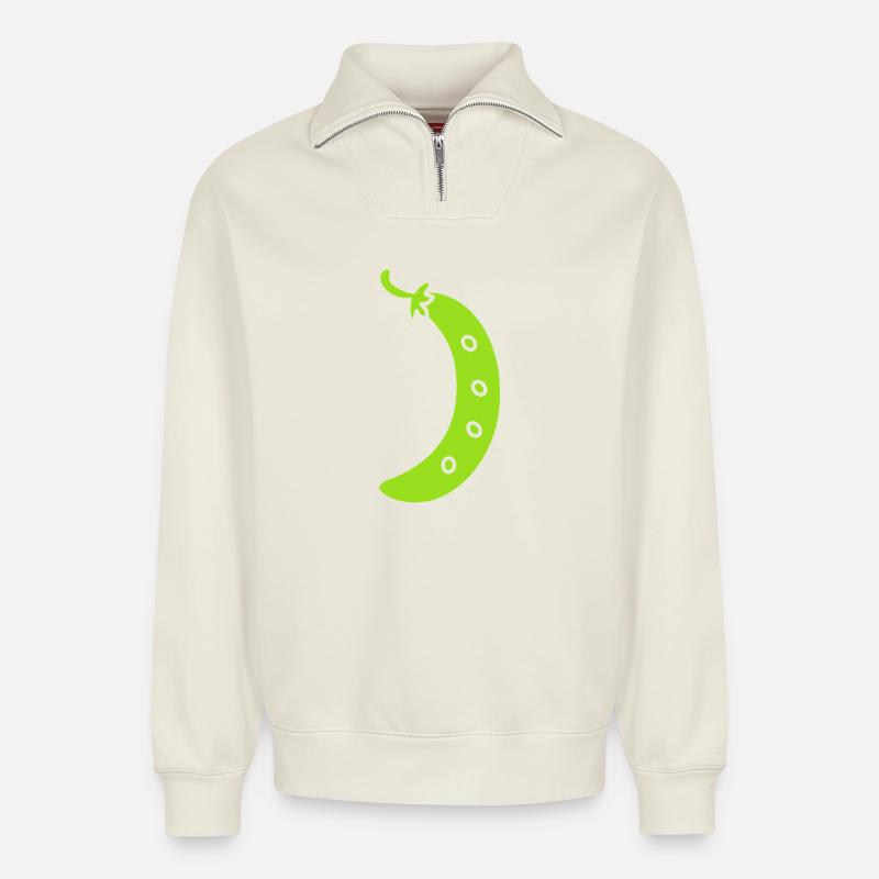 haricot vert - Sweat unisexe décontracté en coton biologique à demi-zip – de SPREAD - blanc cassé