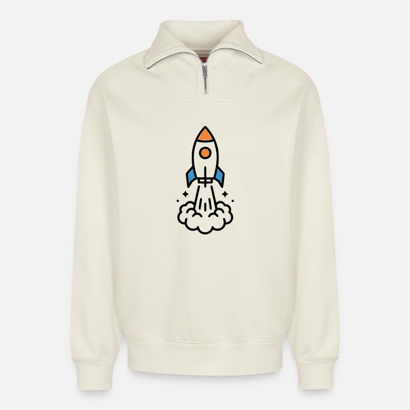 Rakete Start Weltraum Comic - Relaxed Unisex Organic Half Zip Sweatshirt – von SPREAD - Naturweiß