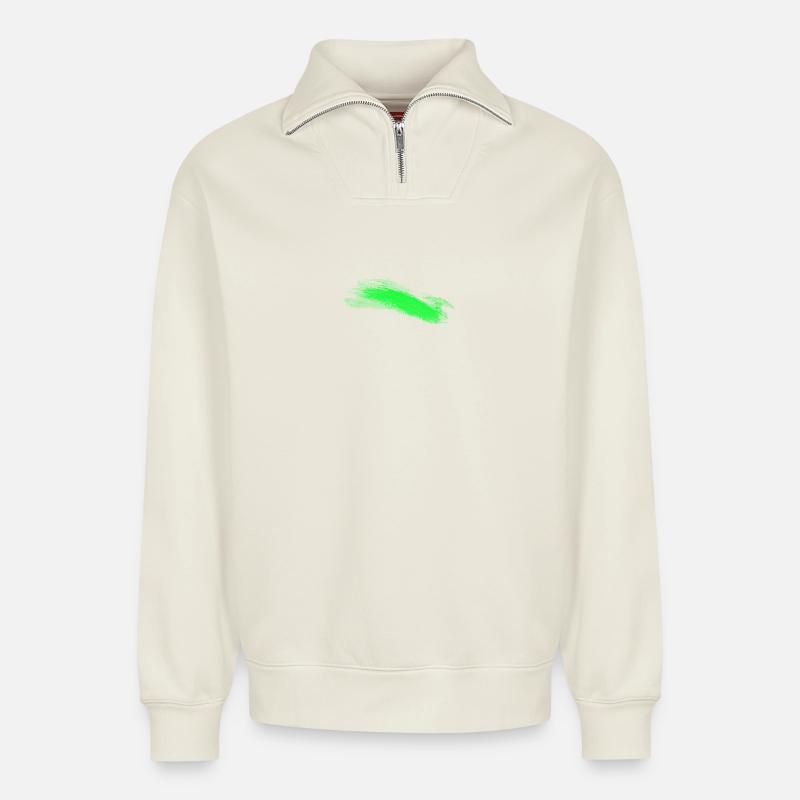 Trait de pinceau vert abstrait - Sweat unisexe décontracté en coton biologique à demi-zip – de SPREAD - blanc cassé