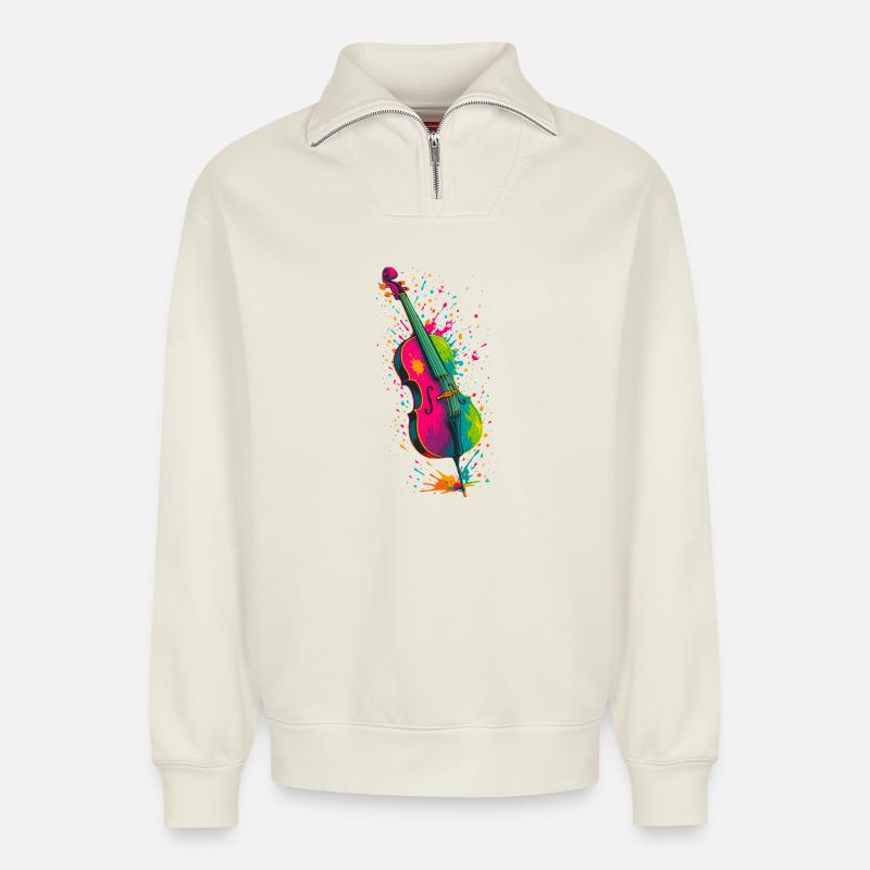 Violoncelle Splash - Sweat unisexe décontracté en coton biologique à demi-zip – de SPREAD - blanc cassé