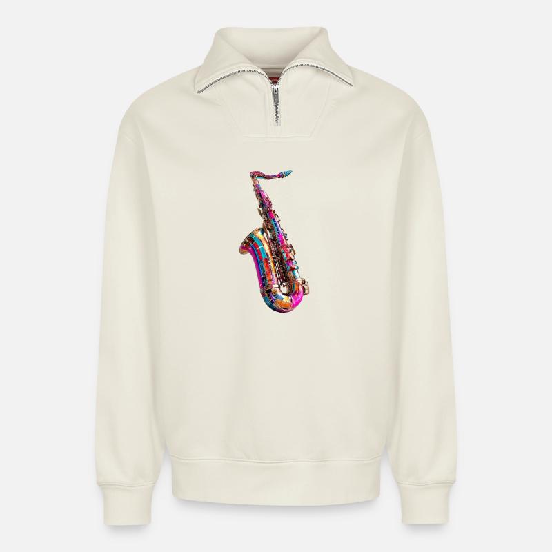 Kunterbuntes Saxophondesign - Relaxed Unisex Organic Half Zip Sweatshirt – von SPREAD - Naturweiß