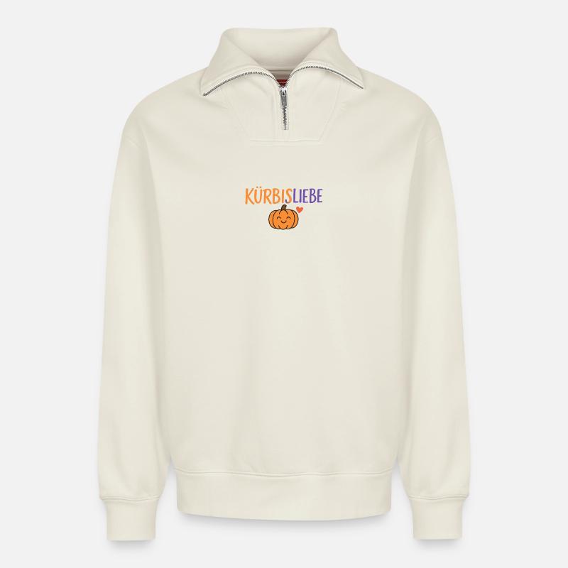 Kürbisliebe Comic Design - Relaxed Unisex Organic Half Zip Sweatshirt – von SPREAD - Naturweiß