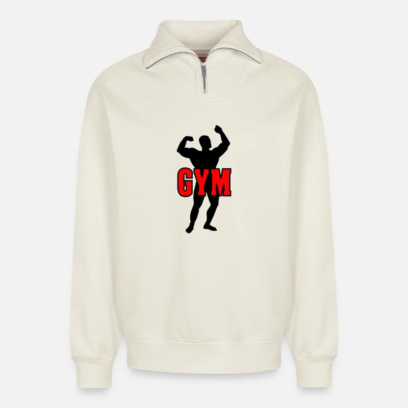 Bodybuilder-Schattenbild mit rotem Text "GYM - Relaxed Unisex Organic Half Zip Sweatshirt – von SPREAD - Naturweiß