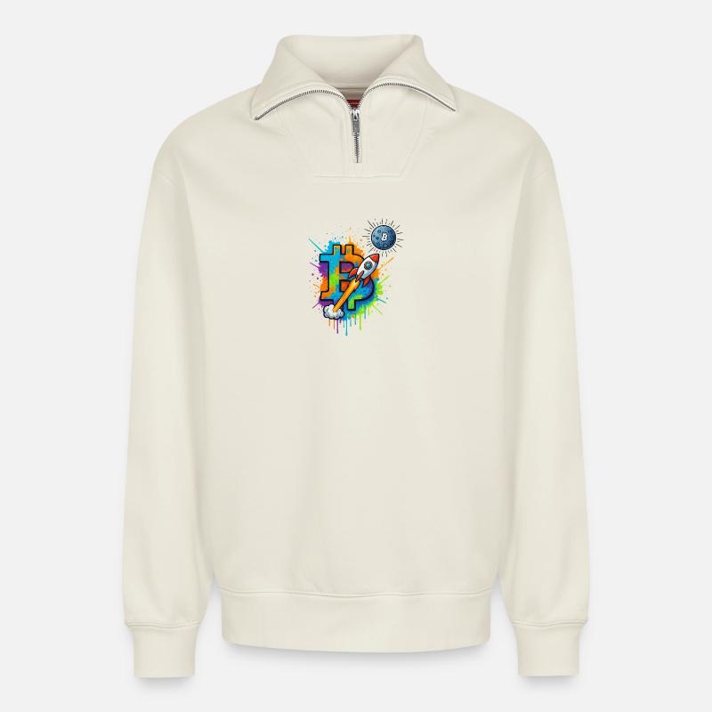BTC MOON - Relaxed Unisex Organic Half Zip Sweatshirt – von SPREAD - Naturweiß