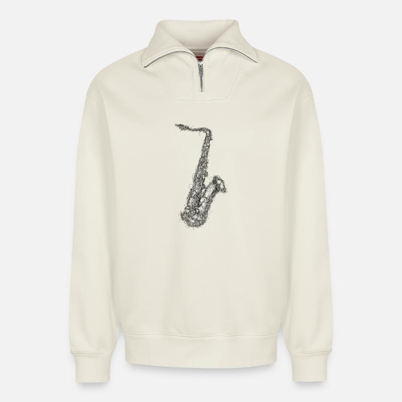 Saxophon Scribble - Relaxed Unisex Organic Half Zip Sweatshirt – von SPREAD - Naturweiß