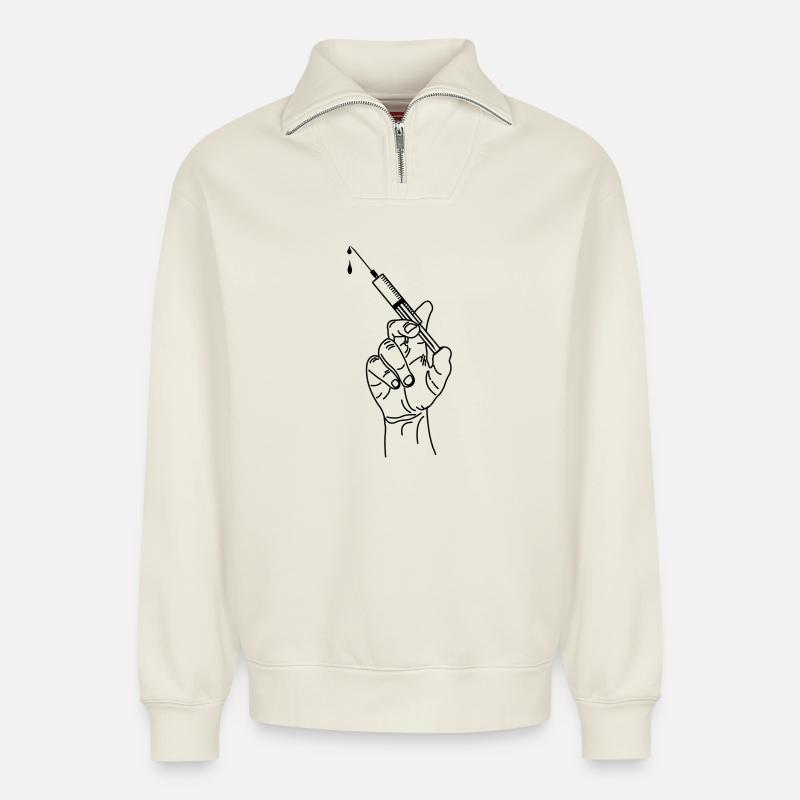 Hand holding vaccination syringe - Relaxed Unisex Organic Half Zip Sweatshirt – by SPREAD - off white