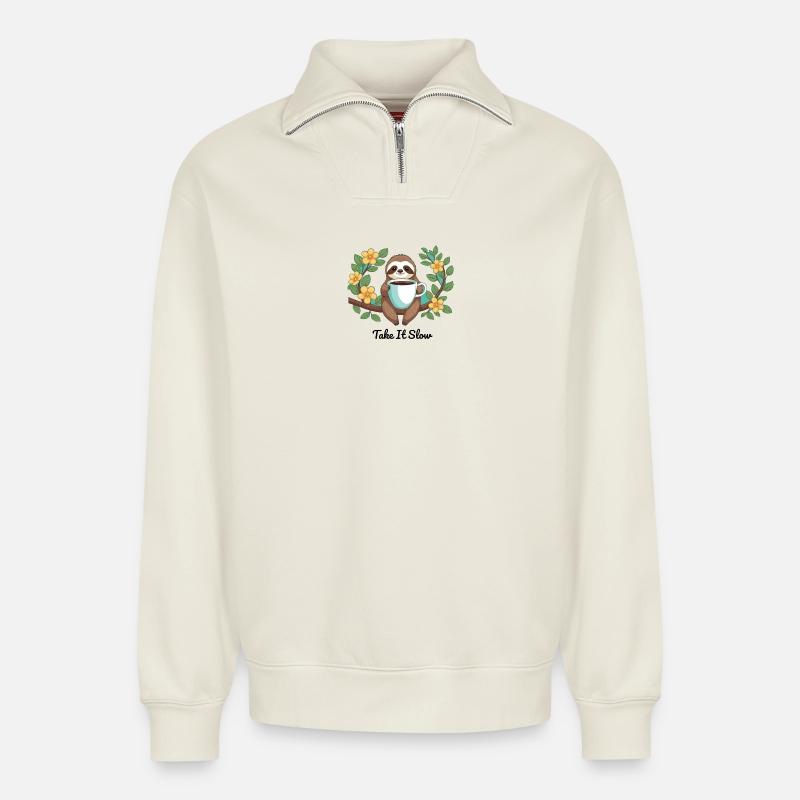 Chillendes Faultier - Relaxed Unisex Organic Half Zip Sweatshirt – von SPREAD - Naturweiß