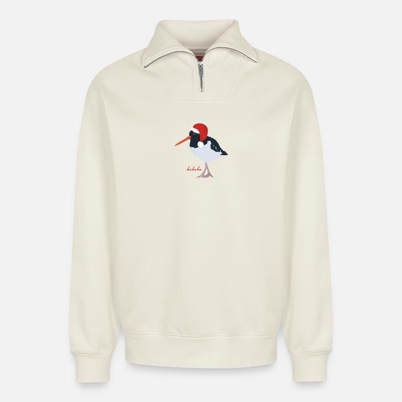 Austernfischer mit Weihnachtsmütze - Relaxed Unisex Organic Half Zip Sweatshirt – von SPREAD - Naturweiß