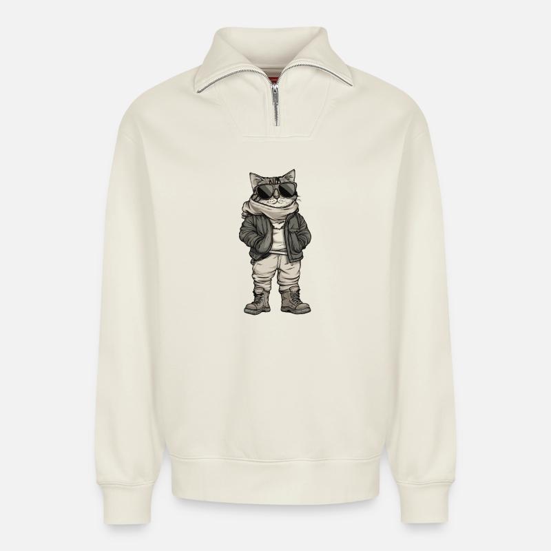 Katze Cool Winter - Relaxed Unisex Organic Half Zip Sweatshirt – von SPREAD - Naturweiß