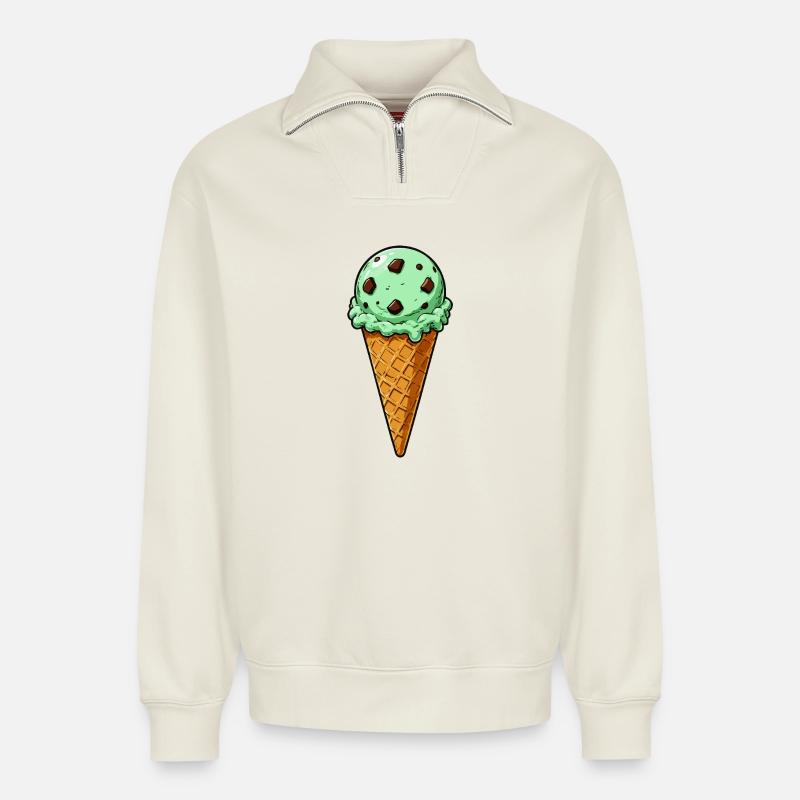 Minz Schoko Eis Kugel - Relaxed Unisex Organic Half Zip Sweatshirt – by SPREAD - off white