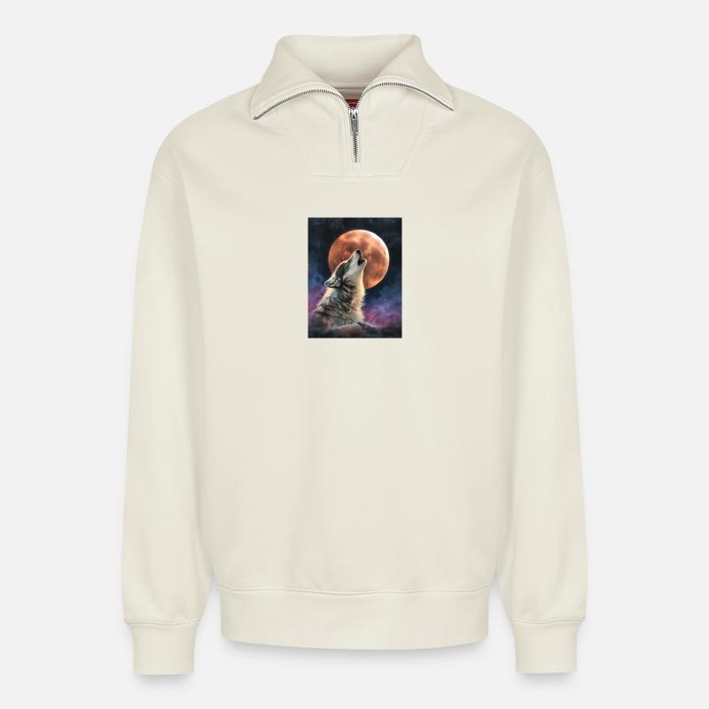 Heulender Wolf - Relaxed Unisex Organic Half Zip Sweatshirt – von SPREAD - Naturweiß