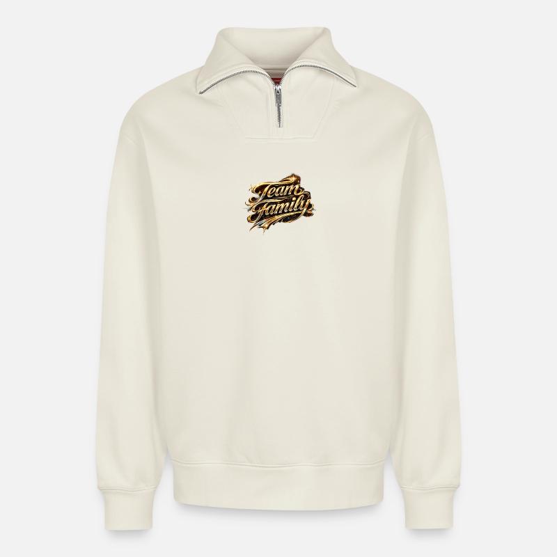 Team Family Gold Script - Relaxed Unisex Organic Half Zip Sweatshirt – by SPREAD - off white
