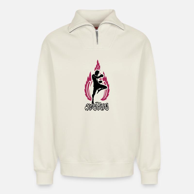 MuayThai - Relaxed Unisex Organic Half Zip Sweatshirt – von SPREAD - Naturweiß