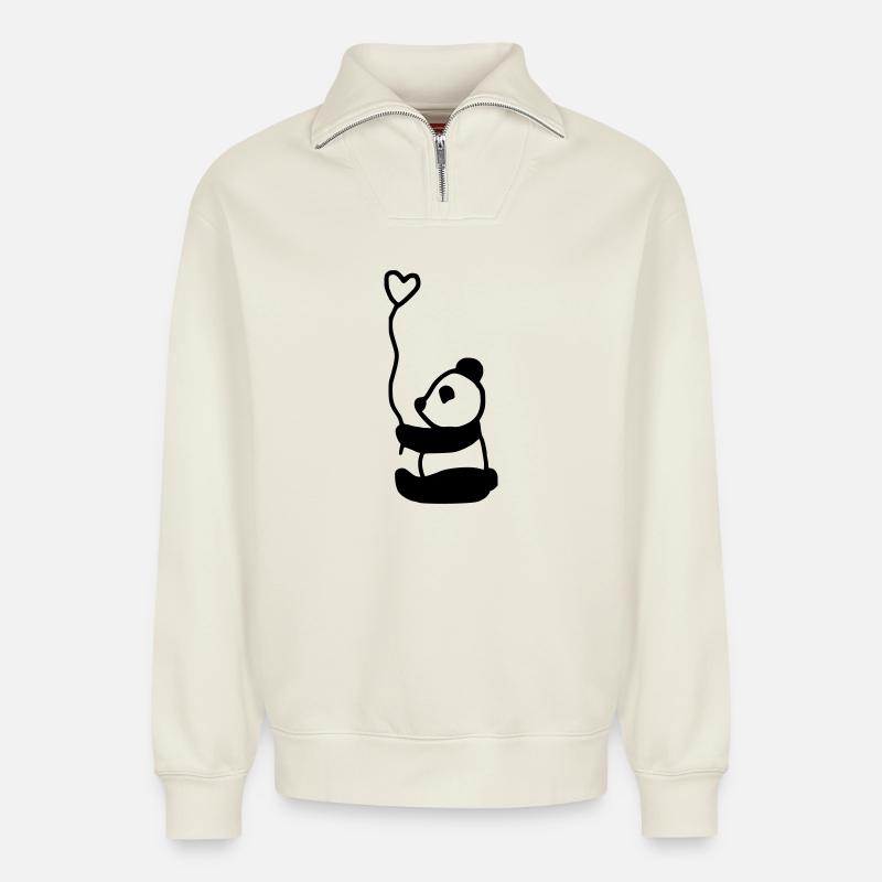 Panda mignon plein d’amour - Sweat unisexe décontracté en coton biologique à demi-zip – de SPREAD - blanc cassé