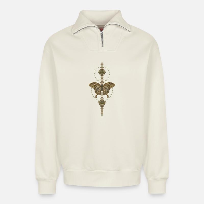 L’élégance du papillon. - Sweat unisexe décontracté en coton biologique à demi-zip – de SPREAD - blanc cassé