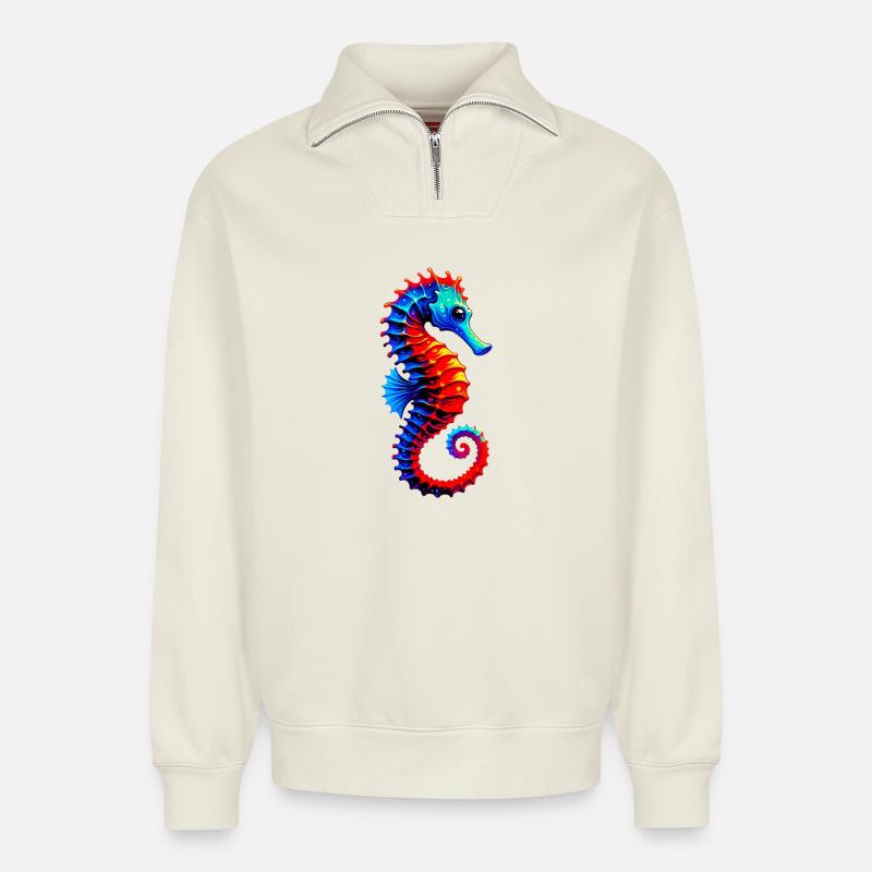 Hippocampe - Sweat unisexe décontracté en coton biologique à demi-zip – de SPREAD - blanc cassé