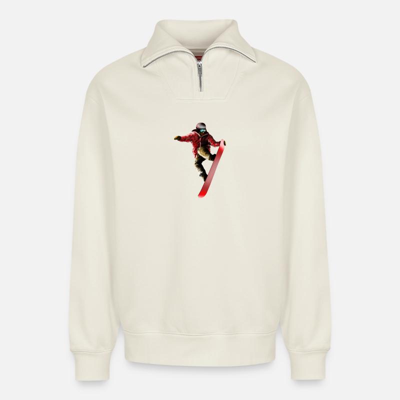 Red Snowboarder Jump - Relaxed Unisex Organic Half Zip Sweatshirt – by SPREAD - off white