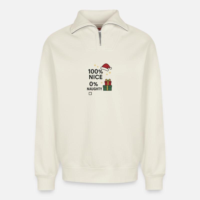 100% nice, 0% naughty - Relaxed Unisex Organic Half Zip Sweatshirt – von SPREAD - Naturweiß