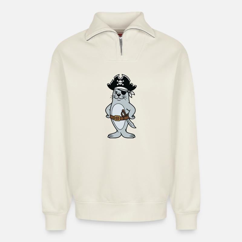 Robbenpirat - Relaxed Unisex Organic Half Zip Sweatshirt – von SPREAD - Naturweiß