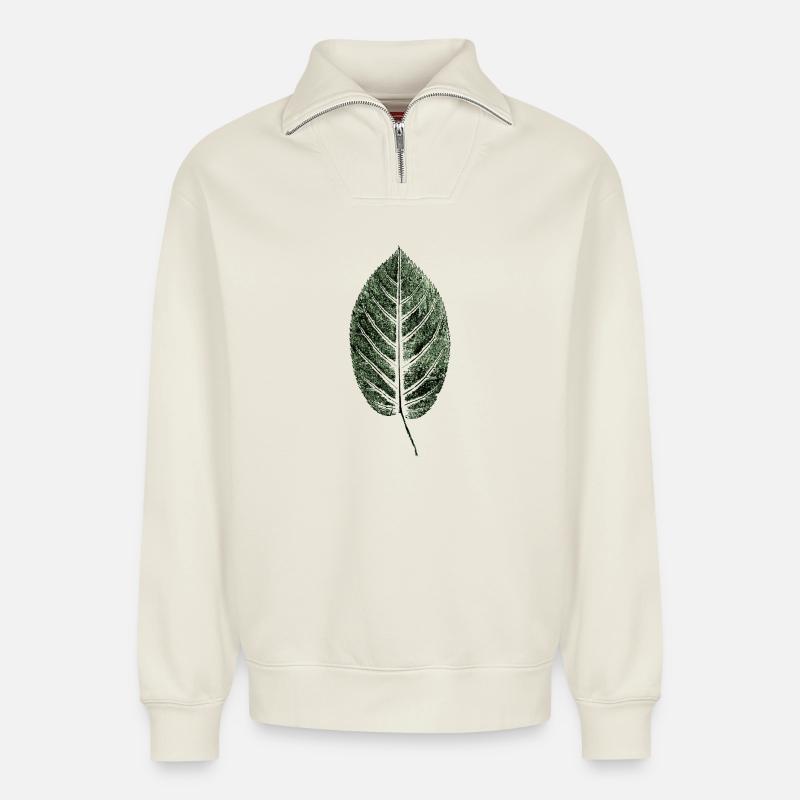 Beech Sheet / Leaf / GREEN - Relaxed Unisex Organic Half Zip Sweatshirt – by SPREAD - off white