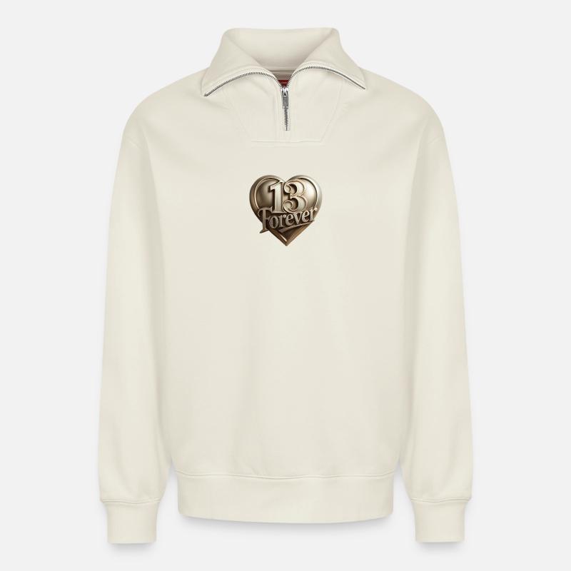 13forever in Herzform - Relaxed Unisex Organic Half Zip Sweatshirt – von SPREAD - Naturweiß